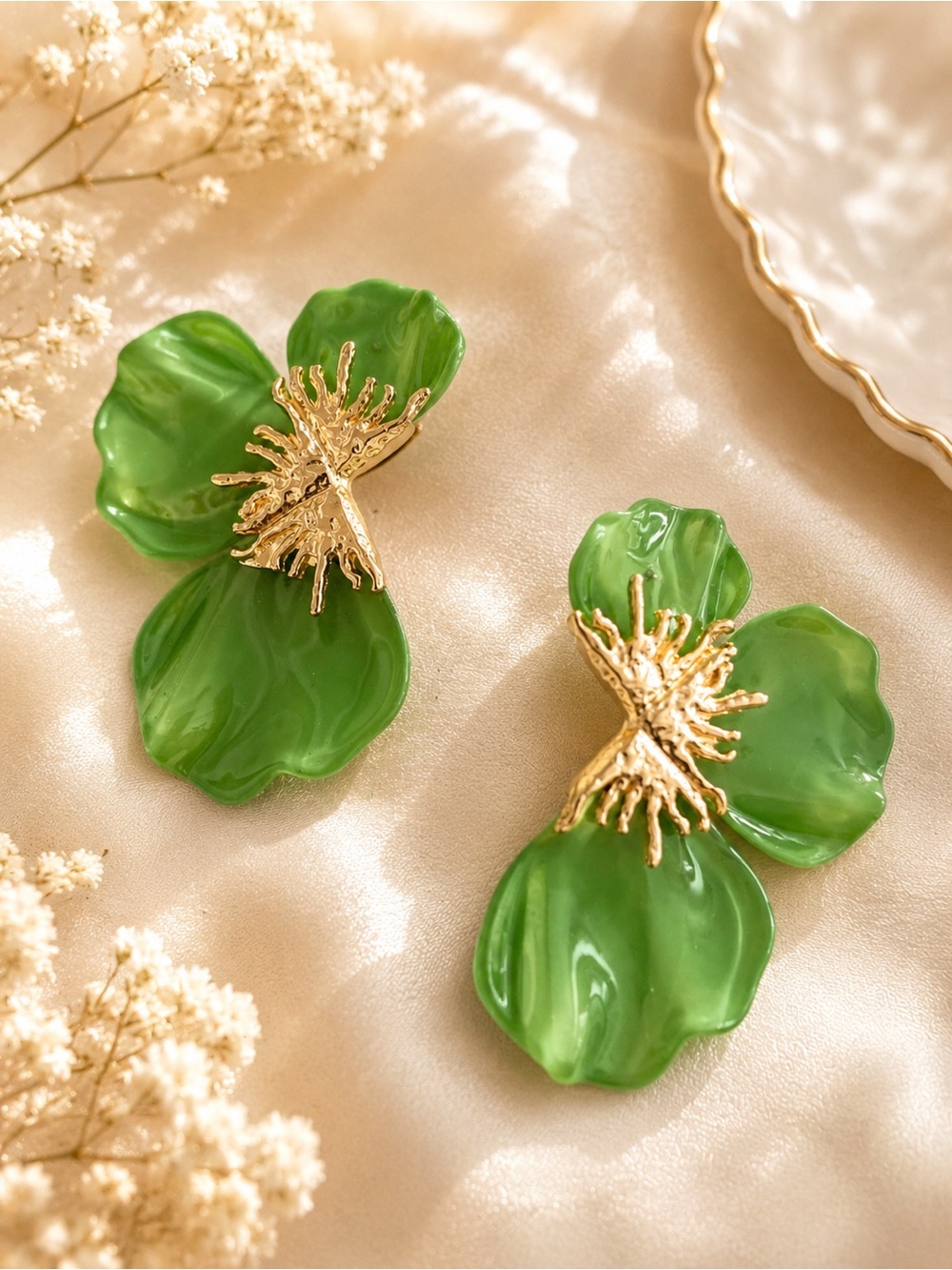 Green Floral Petal Drop Earrings - Gold Accents